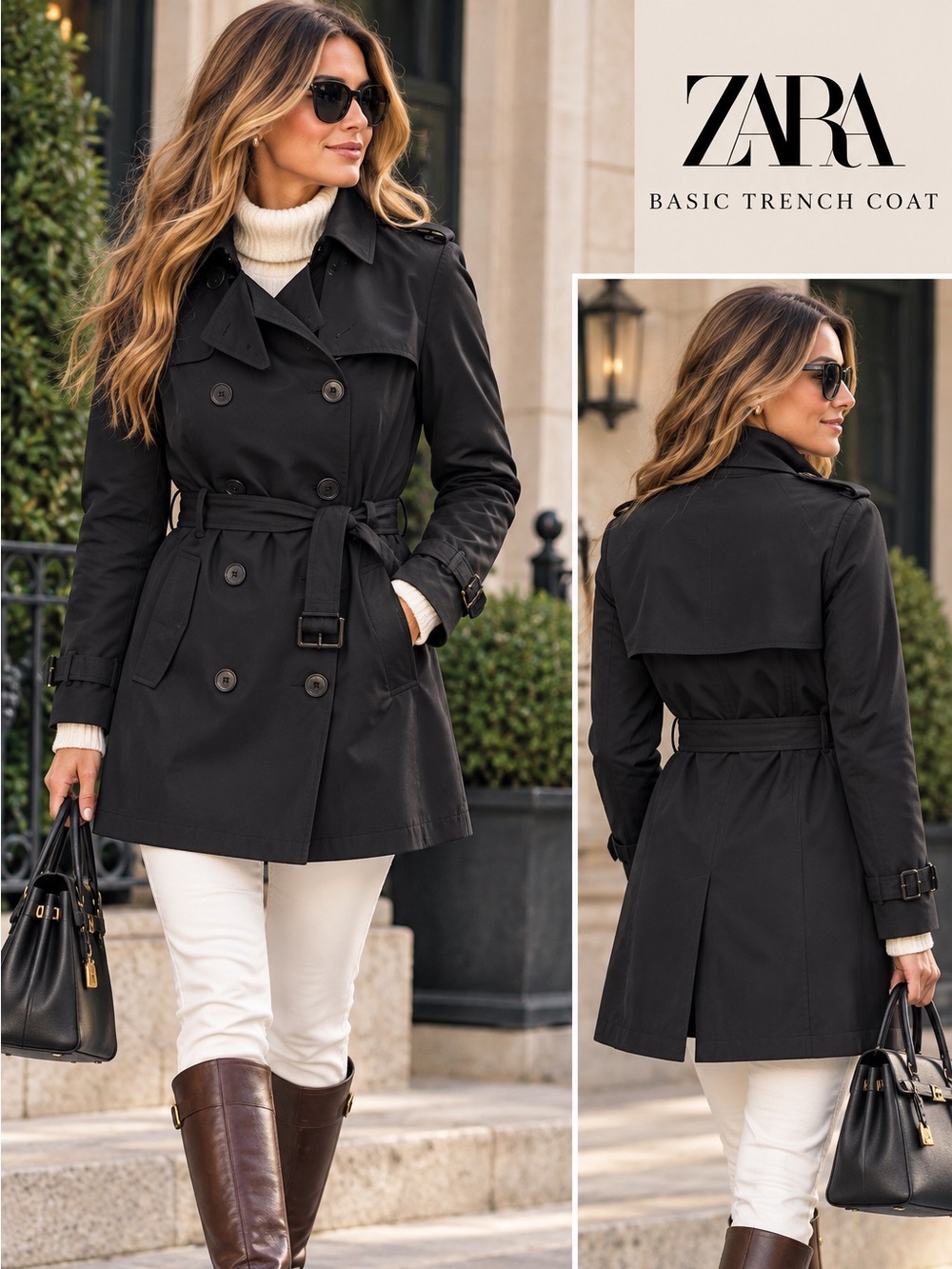 Zara Basic Black Fabric Label Trench Coat size XS